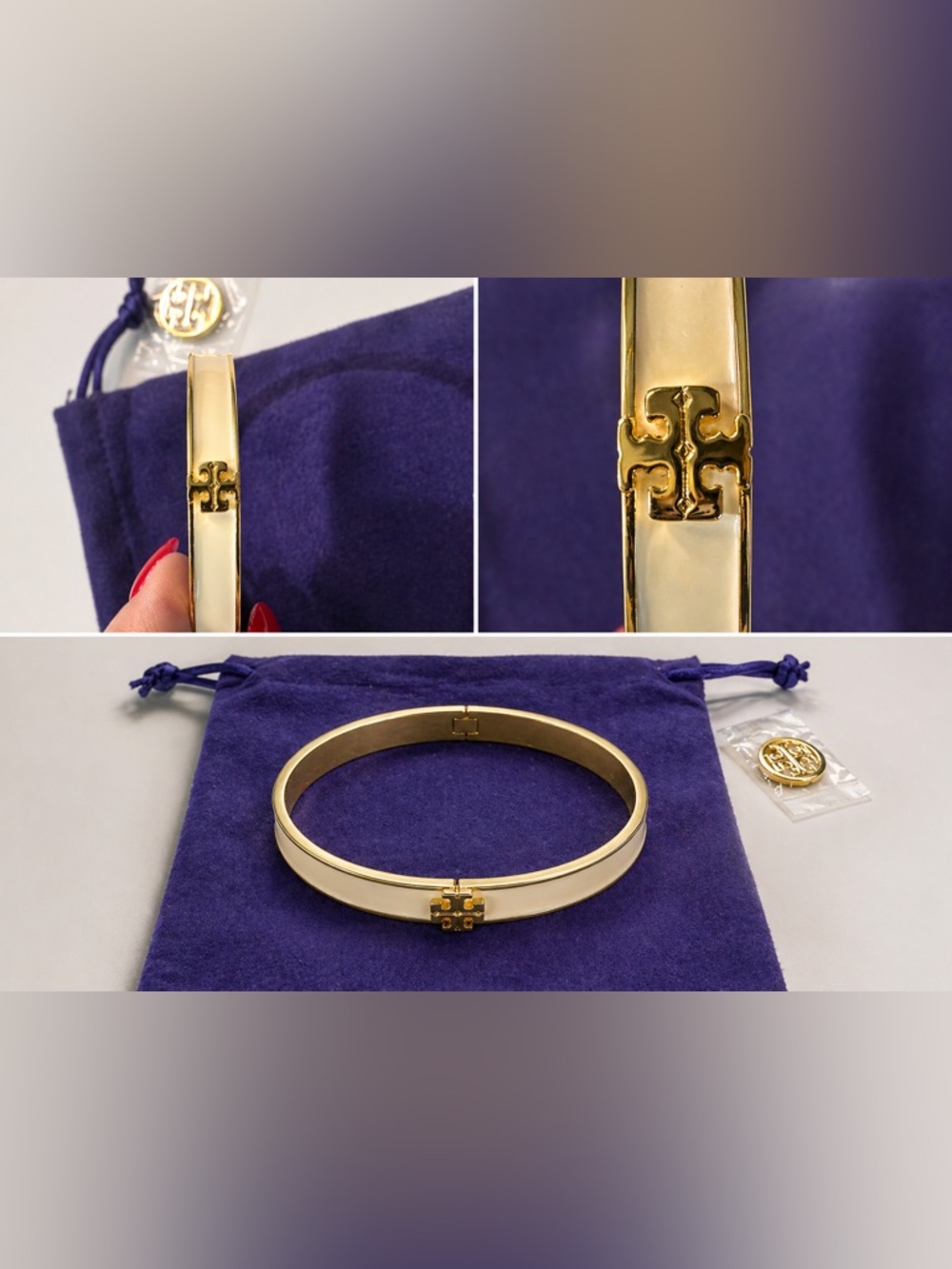 Tory Burch Cream Enamel and Gold Logo Hinge Bangle